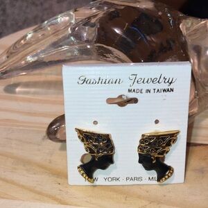 Vintage NEFERTITI Fashion Jewelry Gold & Black Silhouette Pierced Earrings New